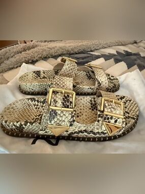 SCHUTZ Elana Snakeskin Buckle Sandals with Gold Hardware